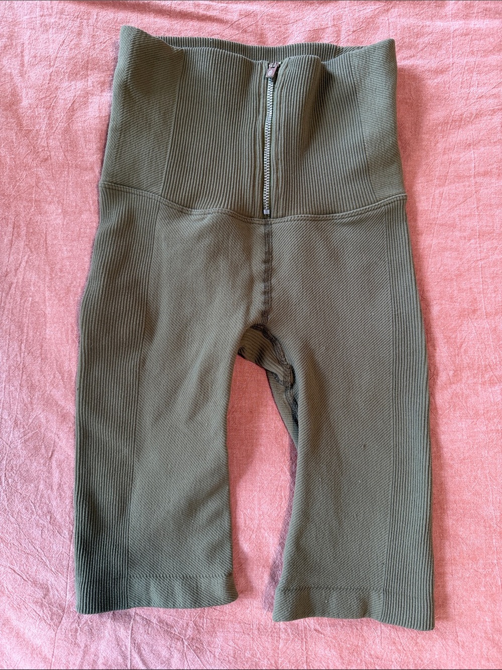 Free People Olive Ribbed Ultra High Waist Bike Shorts with Front Zip
